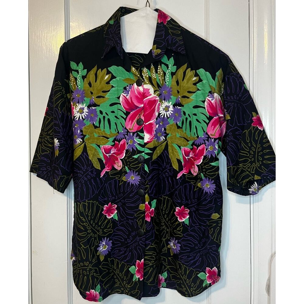Vintage 90s California Connection Black Pink Hawaiian Tropical Button Up Blouse